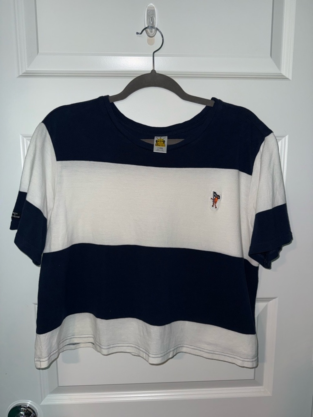 Toy Machine x RVCA Navy & White Striped Cropped Tee with Embroidered Character